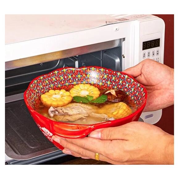 Bohemian Style Ceramic Ramen Soup Bowl with Handle Microwave Safe Embossed New - Picture 4 of 7